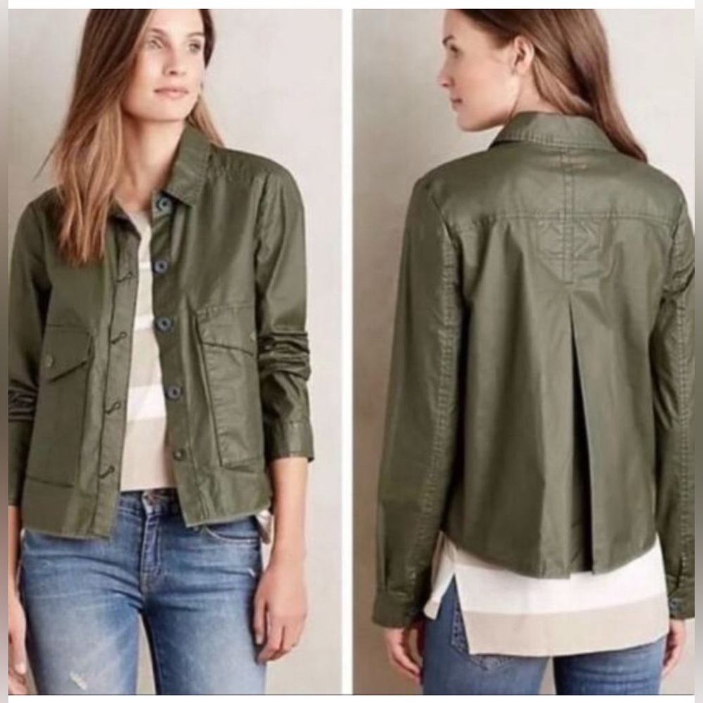 Anthropologie | Hei Hei | Coated Canvas Olive Green Utility Swing Cotton Jacket